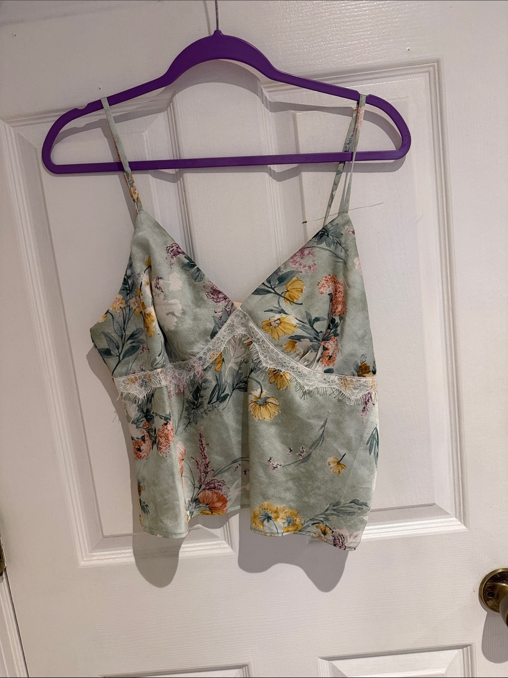 Floral Lace Trim Satin Camisole Crop Top - Sage Green